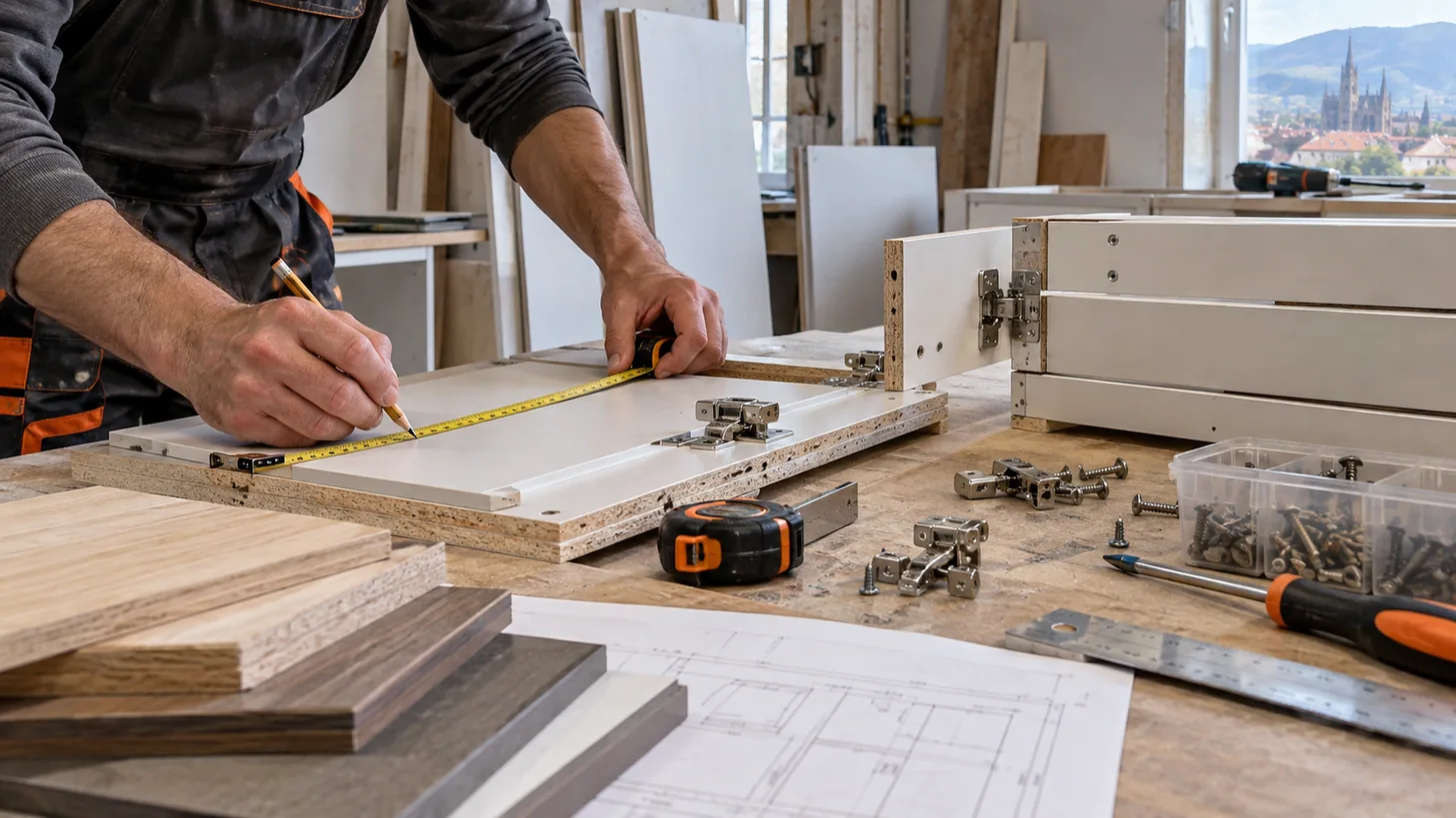 Carpintero midiendo puertas y bisagras para muebles de cocina a medida en Oviedo