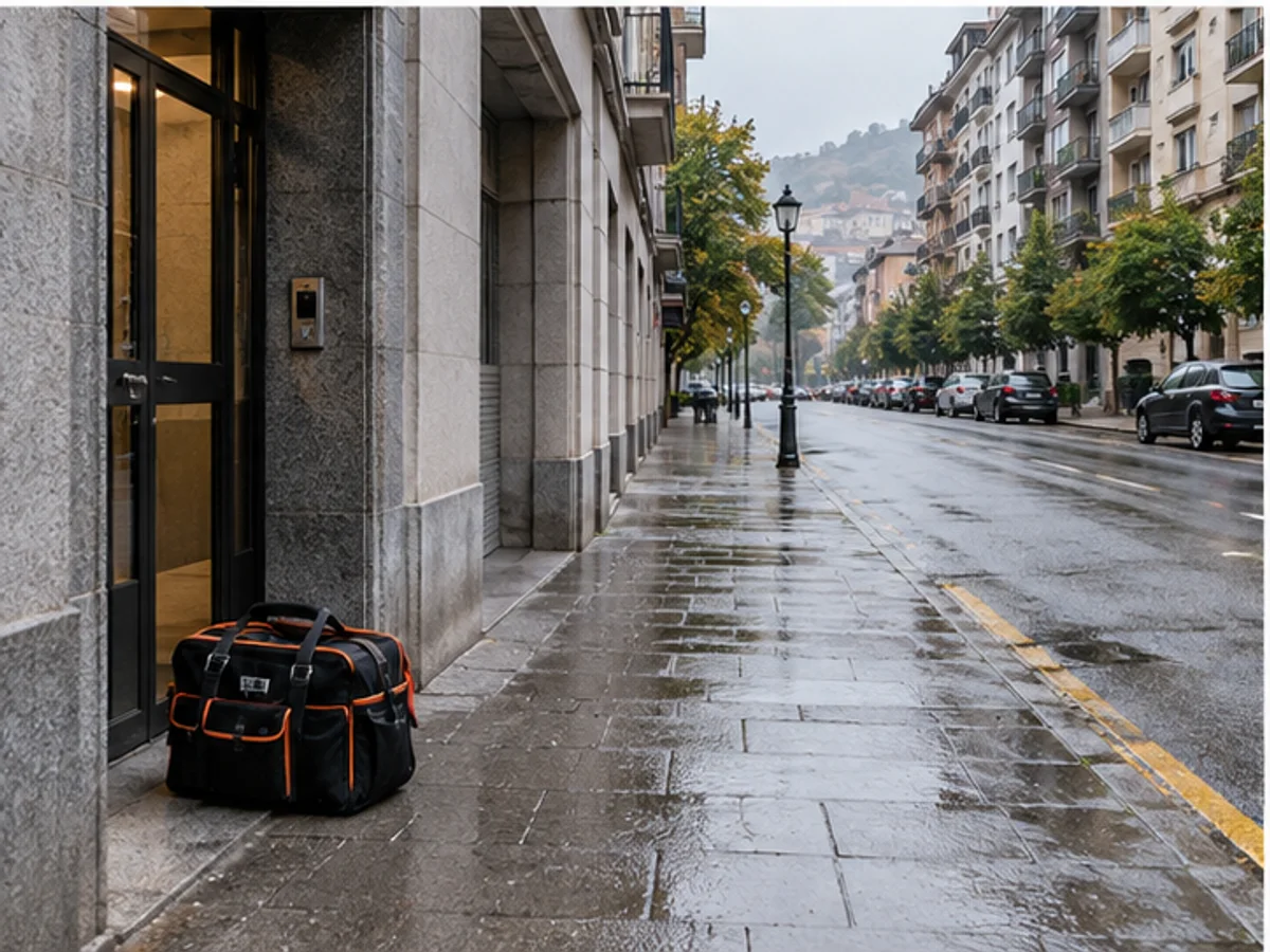 Cobertura de reformas en Oviedo con calle residencial lluviosa y bolsa de herramientas