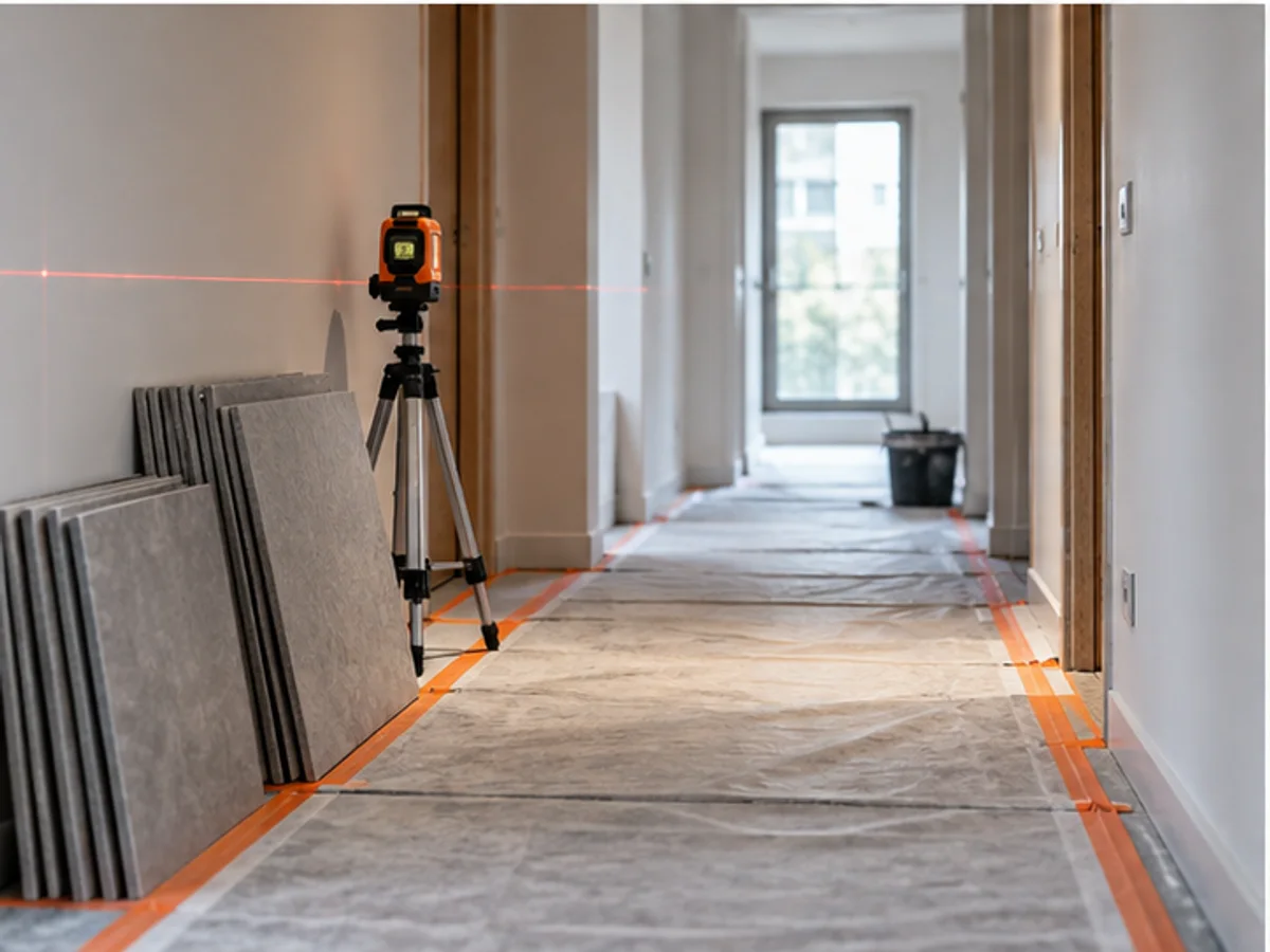 Obra limpia para reformas en Oviedo con protección de suelo, láser y materiales preparados
