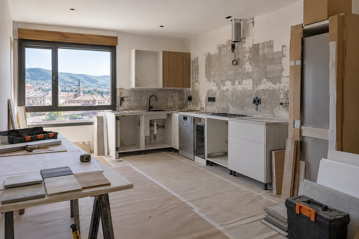 Cocina en reforma en Asturias con instalaciones, muebles parcialmente montados y suelo protegido
