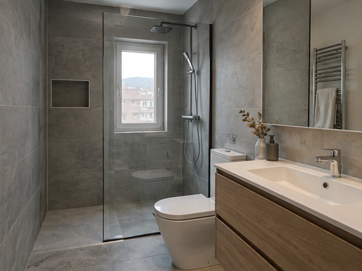 Reformas de baños en Oviedo con ducha moderna y revestimiento gris